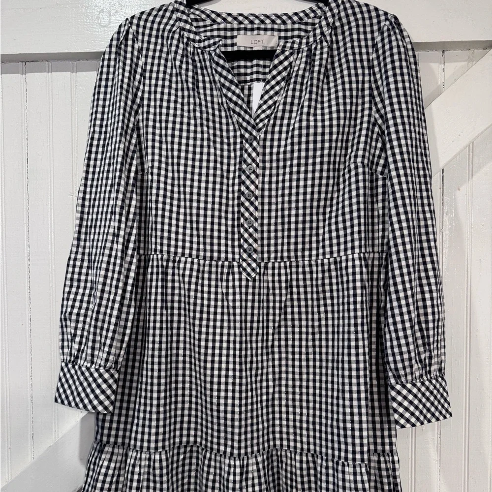 LOFT Black & Cream Gingham Tiered Mini Dress- size large - Picture 2 of 9